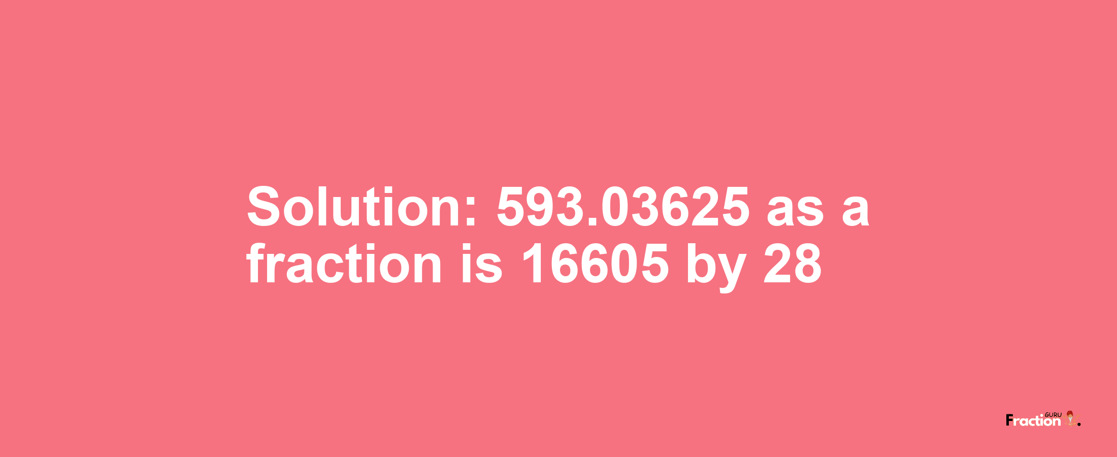 Solution:593.03625 as a fraction is 16605/28